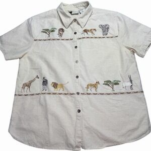 VTG Women L Embroidered Beaded Safari Button Up Shirt Linen Khaki Africa 90s Art
